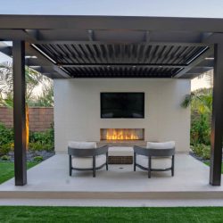 Outdoor fireplace and freestanding patio cover, Dreamscape by MGR leading pool contractor in Orange County
